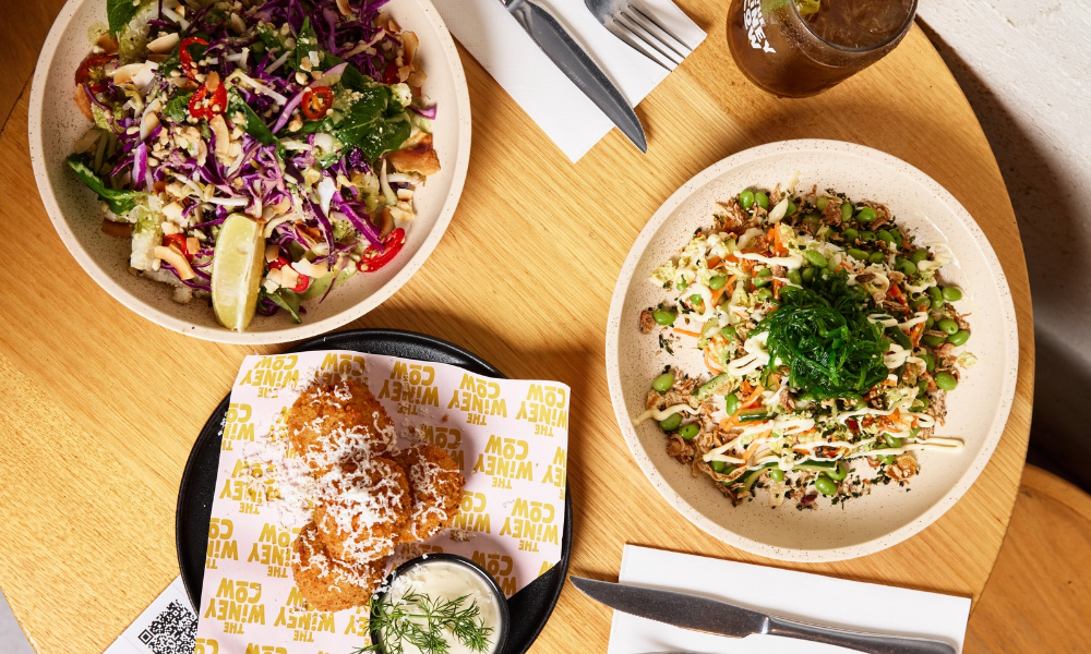 Array of colourful brunch dishes